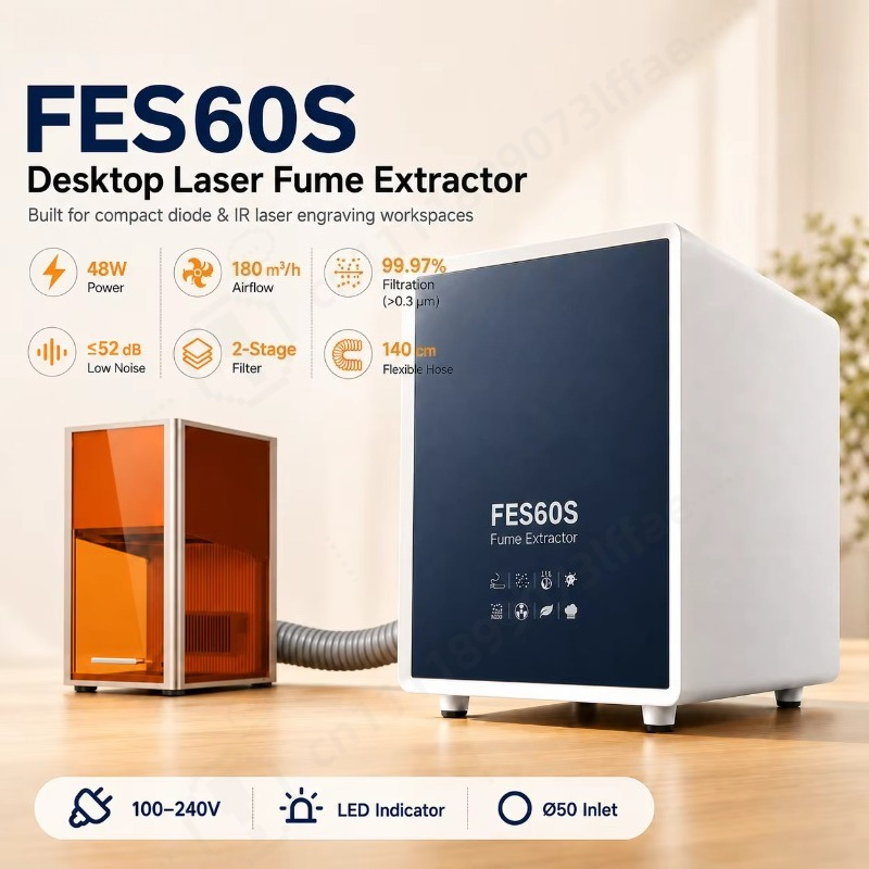 Fume Extractor Laser - เครื่องดูดควันเลเซอร์ขนาดเล็กสำหรับตั้งโต๊ะ, ท่อดูดควันขนาด 60 มม. สำหรับเครื่องแกะสลักเลเซอร์แบบพกพา